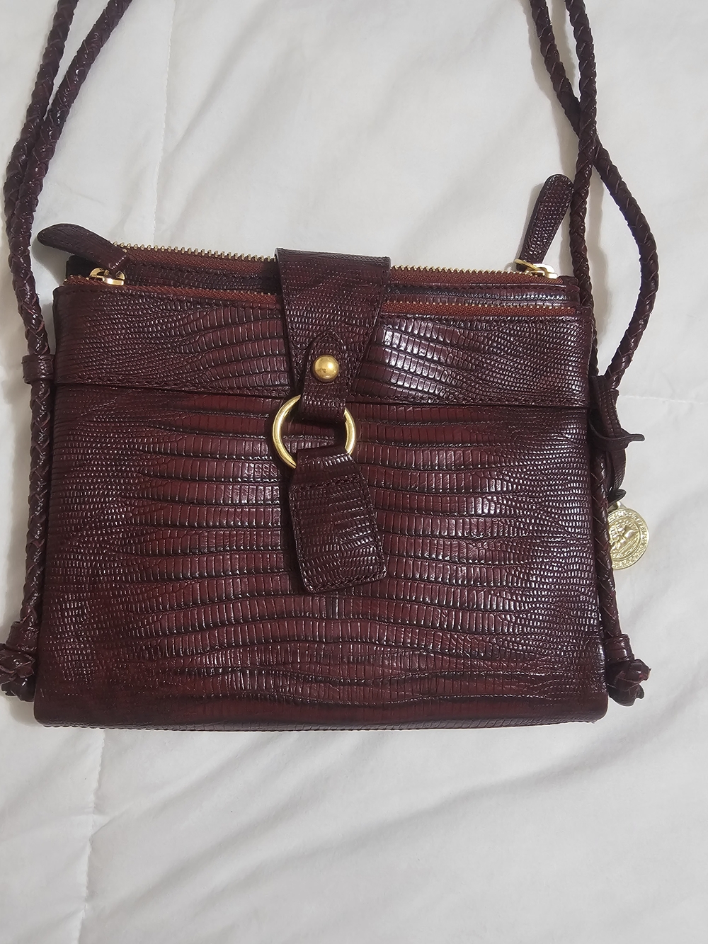 Brahmin Lizard-Embossed Burgundy Crossbody with Gold Ring